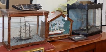 Three 19th/20th century cased model boats, model rowing boat and a silk painting