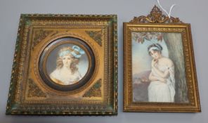 Daick, c.1900 An oil on ivory miniature of a classical lady beside a tree, signed, and a miniature