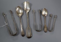 Three pairs of silver sugar tongs including Victorian and three other silver spoons including GIII