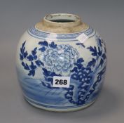 A 19th century Chinese blue and white jar height 17cm (lacking cover)