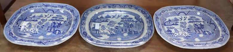 Three 19th century Willow pattern meat dishes