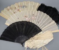 A boxed ivory fan, three other fans and a quantity of lady's gloves