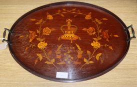 An inlaid commemorative oval tray, dated 1902 length 64cm