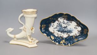 A Worcester cream and gilt ram's headed cornucopia and a Worcester blue and gilt dish tallest 19cm