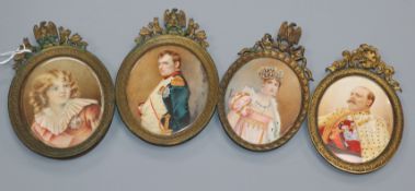 Four early 20th century French oil on ivory miniatures; Napoleon and Josephine, Edward VII and The