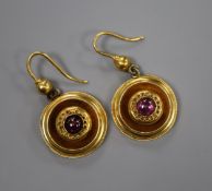 A pair of Victorian yellow metal and cabochon amethyst target earrings.