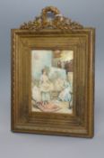 French School circa 1900, oil on ivory, Studio interior with lady artist and model, 13 x 9cm. ornate