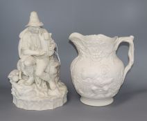 A Copeland figure of a man playing bagpipes and a Victorian parian jug tallest 29cm