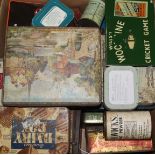 A Wills woodbine tin, cricket game, two Player's signs and assorted tins