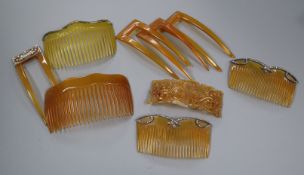 A pair of early 20th century rose cut diamond mounted simulated tortoiseshell hair combs and seven