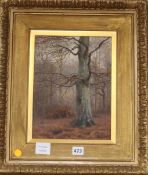 Attributed to Frederick Golden Short, oil on wooden panel, Woodland in winter, 30 x 22cm