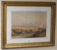 19th century English School, watercolour, Iberian oxon travelling in a landscape with classical