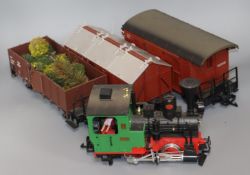 An LGB 0-4-0 steam locomotive 2774, G Gauge, together with track, transformer, two carriages, etc.