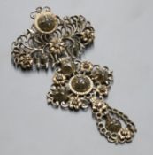 An Indian? white and yellow metal, rose cut diamond set drop pendant brooch, 72mm.