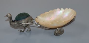 An Edwardian novelty silver pin cushion, modelled as an emu pulling a mother of pearl cart, Adie &