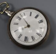 A George III silver pair-cased keywind verge pocket watch, James Davis, Leaminster, with enamelled