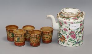 A Canton teapot and a set of five cups