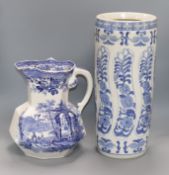 A Mason's blue and white wash jug, an umbrella stand and another small item