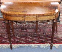 A George IV satinwood banded mahogany D shaped card table W.84cm