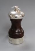A 1970's silver mounted rosewood pepper mill, 10.8cm.