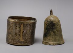 A brass inlaid pot and a bell