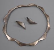 A Danish Hans Hansen 925S triangular link necklace, no.315 and a pair of similar ear clips, no.