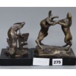 Two modern bronzes, boxing hares and an otter