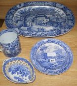 A Spode blue and white dish, 'Death of the Boar', a meat plate basket and tankard (4)