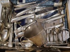 A silver toastrack, a silver jug, a small quantity of assorted small silver flatware and plated