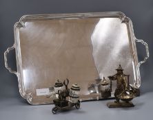 A silver plated tray and two novelty plated condiment sets