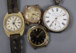 A silver pocket watch on albert and three gentleman's wrist watches including Smiths.