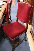 A set of six oak red velvet upholstered chairs