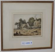 Attributed to Thomas Girtin (1775-1802), watercolour, Figures beside a cottage, bears signature,