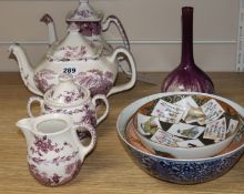 A 19th century Chinese blue and white bowl, a Masons Watteau pattern part teaset and a drizzle glaze