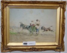 Early 20th century Italian School, watercolour, Figures in a donkey cart, indistinctly signed, 20