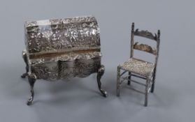 A miniature silver bureau with pseudo-Hanau marks, import marks for Samuel Boyce Landeck and a