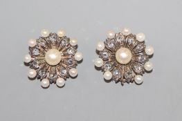 A pair of yellow metal, diamond and seed pearl cluster ear clips, 17mm.