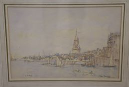 Sir Henry Rushbury (1889-1968), watercolour, Entrance to La Rochelle Harbour, signed, 25 x 37cm.