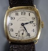 A gentleman's late 1920's 18ct gold manual wind wrist watch, retailed by Boodle & Dunthorne, on