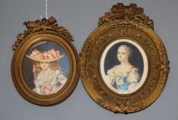 Two early 20th century French oil on ivory miniatures; Louise de Lorraine and another lady, 10 x