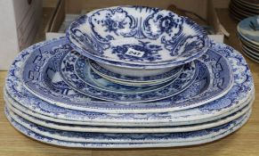 A set of five 19th century blue and white pottery meat dishes and other blue and white pottery