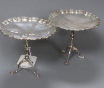 A pair of George V silver miniature occasional tables with piecrust borders, Mappin & Webb,
