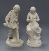 A Victorian parian figure of a youth with a bonnet full of flowers and another of a nymph