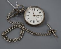 A late Victorian silver open face pocket watch by Mathers of Cambridge, on a silver albert.
