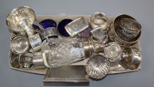 A group of small silver dishes, scent bottles, an inkwell, sewing related items, vestas, etc.