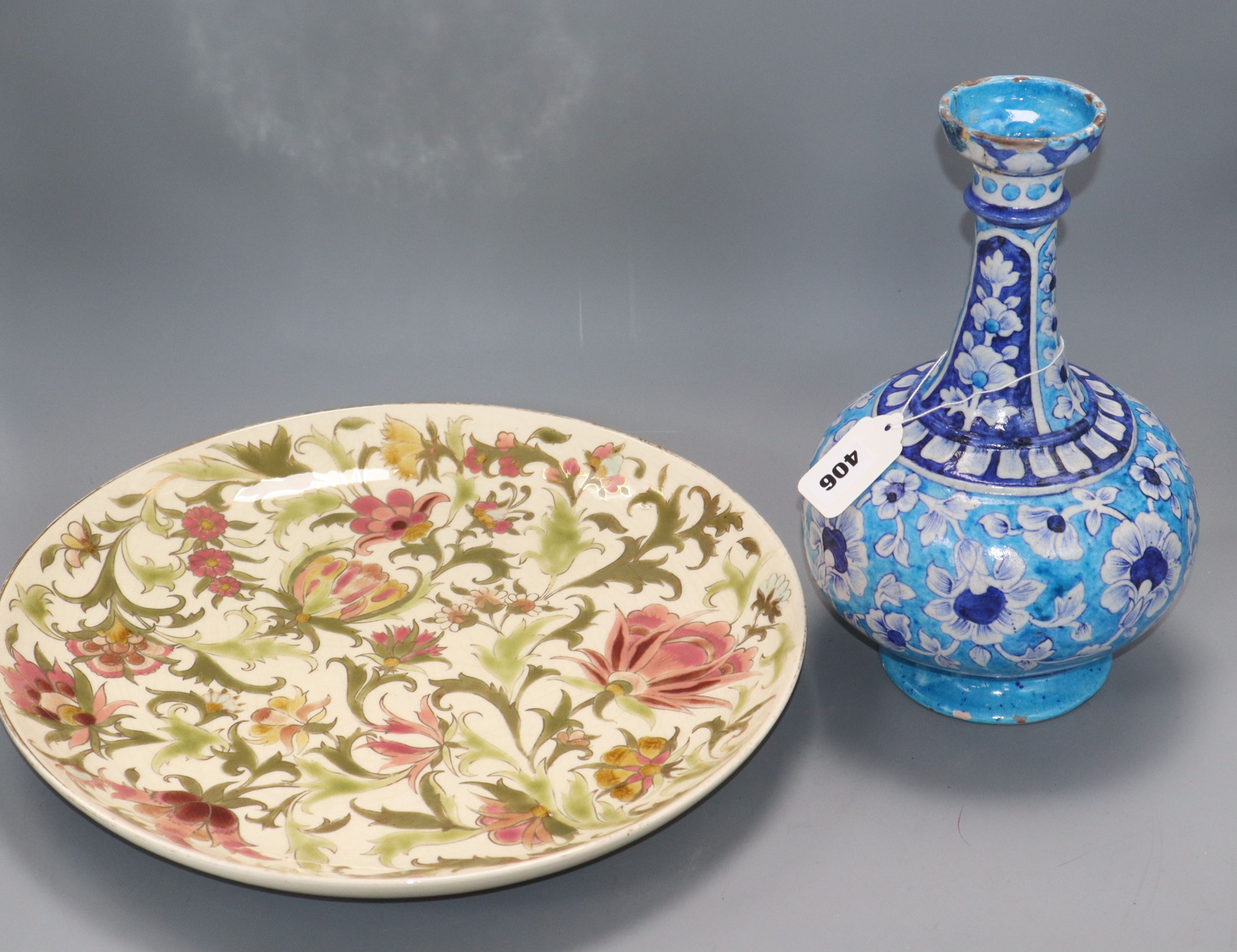 A Persian Iznik style vase and a Zsolnay porcelain dish