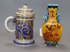 Theodore Deck. An aesthetic period vase and a porcelain tankard with the Sevres mark