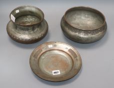 Two Persian tinned copper bowls and a dish