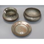 Two Persian tinned copper bowls and a dish