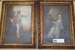 French School, circa 1900, pair of oils on canvas, Dancer and musician in landscapes 27 x 18cm